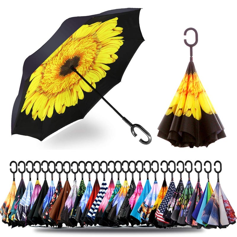 SIEPASA 49/56 Inch Inverted Reverse Upside Down Umbrella, Extra Large Double Canopy Vented Windproof Waterproof Stick Golf Umbrellas with C-shape Handle.(Yellow Daisies, 49 Inch) - Image 1